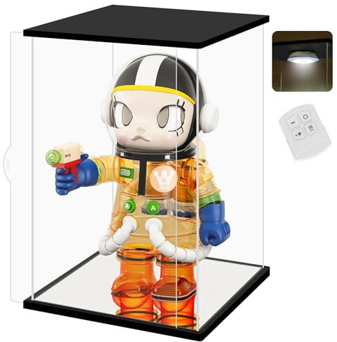 Nonemey Acryl Vitrine / Schaukasten mit LED Licht & Fernbedienung – Transparent staubdichte Display Case Box für 400% Pop Mart labubu,Sammlerstücke, Figuren & Collectibles- Schwarz,24x24x35cm