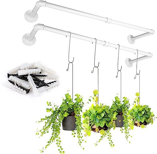 Yoiemivy 2 Sets Hanging Planter Bar with 4 Pcs Hooks White Wall Mount Minimalist Flowerpot Hanger Metal Plant Hanger for Window Wall Ceiling Herb Garden (White, 1 x 12 x 36 inches)