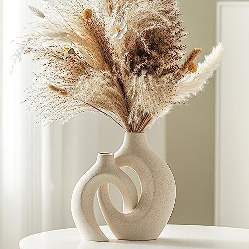Lvases Snuggle Hollow Ceramic Vase Set of 2, Nordic Modern Boho ins Style Decorative Ceramic Aesthetic Flower Vase for Home Decor (Milky White W 6.3 X H 8.4)