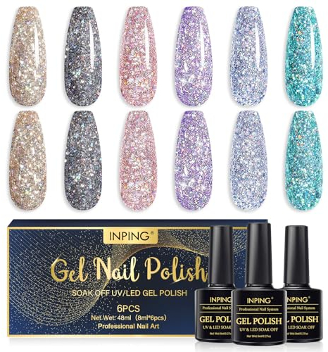 INPING Vernis Gel UV Semi Permanent Pailleté,6 Couleurs Brillante Or Argent Rose Vert Noir Violet Vernis Semi Permanent,Soak off UV/LED Vernis à Ongles Pour Débutant Nail Art DIY,8ML