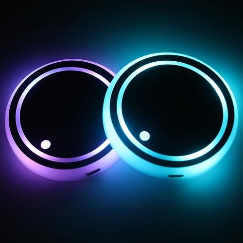 MEIEGOU 2pcs LED Car Coasters, Cup Holder Insert, with 7 Colors Luminescent Coaster, USB Charging, Suitable for Accessories Women Men, Yellow, blue, white, green, red, purple
