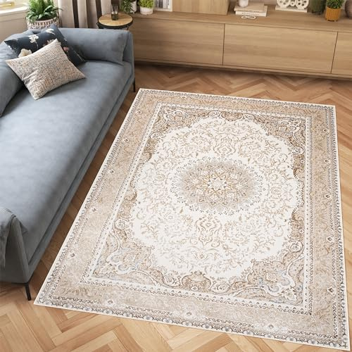 TAPISO Hera Teppich Kurzflor Glänzend Creme Beige Braun Traditionell Bordüre Ornament Floral Blumen 3D Effekt Wohnzimmer Schlafzimmer ÖKO-TEX 140 x 200 cm