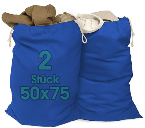 ELES VIDA® - 2er Set Wäschesäcke 50x75 cm aus 100% Baumwolle - Extra große Wäschebeutel - langlebig, Mit Kordelzug, Reise Wäschesammler Wäschebox Kleidersack Aufbewahrung in Blau