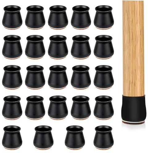 Juibao 24Pcs Round Chair Leg Protectors 24mm, Small Silicone Chair Leg Floor Protector with Felt Pad, Black Silicone Chair Feet Cups Covers for Protecting Wooden Floor from Scratches, JYB10242