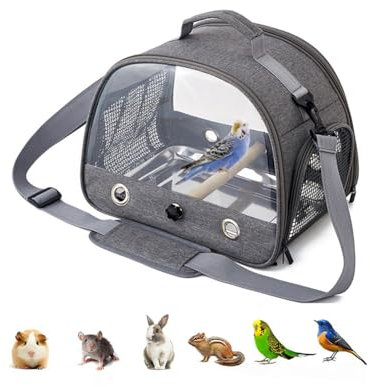 Vogel-Reiseträger mit Edelstahl-Tablett, leichter, atmungsaktiver Papageienkäfig mit abnehmbarem Holzständer und langem Schultergurt, Vogelkäfige für Sittiche, Wellensittiche grau