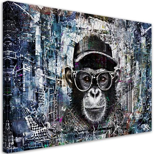 Feeby Bilder - Foto Geschenk - Affe mit Brille Abstraktion Blau - 60x40 1tlg - Leinwandbilder Wohnzimmer - Wandbild über dem Bett - Bild Schlafzimmer - Aesthetic Zimmer Deko - Modern Pictures