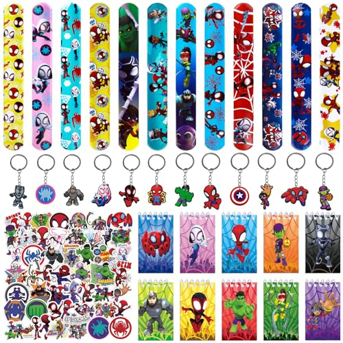 84Pcs Spiderman Regali Compleanno Bambini, Spiderman Bomboniera Compleanno, Taccuino Braccialetti Regalo Festa Adesivi Portachiavi Bambini, Kit Regali Feste a Tema, per Ragazzi Ragazze Festa Forniture