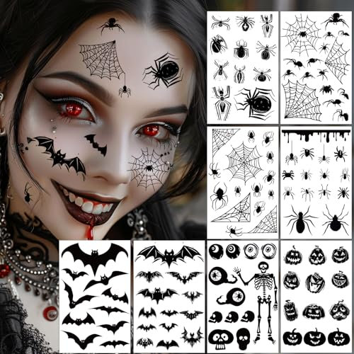 Halloween Tattoos, 8 Blatt große Größe 3D Realistisch Spinnen Fledermaus Tattoo Gesicht, Gesichtstattoo Halloween Kostüm Damen Hexen Zubehör Schminke Accessoires