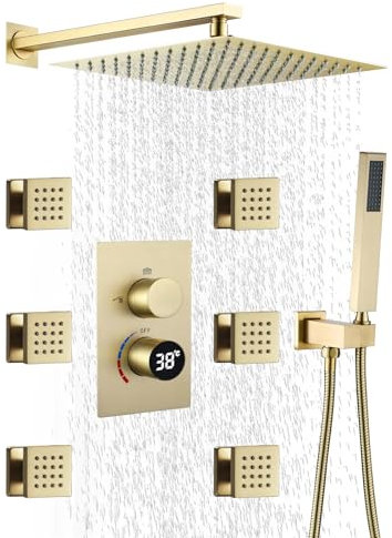 LNXGJJ Termostatica Set Doccia Incasso con Display Digitale 400 * 400mm Set Doccia da Incasso 6 Pezzi 50 * 50mm Getti Idromassaggio Colonna da Doccia Incassato con Doccetta Corpo in Ottone