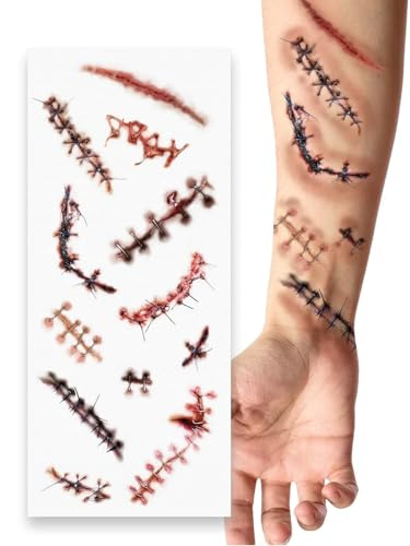 FIESTAS GUIRCA | Rote Narben-Tattoos (30 x 13 cm) – Make-up und Spezialeffekte für Halloween, Karneval und Kostümpartys – Ideal für Kinder und Erwachsene – Rot