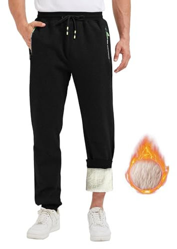 Ougelebo Thermo Jogginghose Herren Baumwolle Warme Fleece Gefüttert Winter Sporthose Lang Dicke Trainingshose Männer Freizeithose Herren Sweatpants mit Reißverschluss Schwarz L