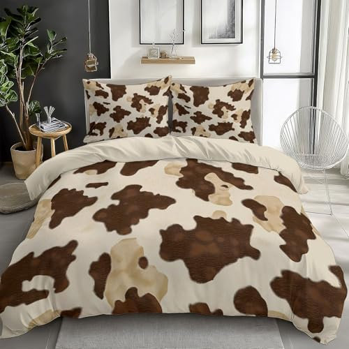 CozyRest Bettwäsche Set Kuhfell Drucke Western Cowboys Bettbezug 200 x 200 cm Beige Reversibel 3-Teiliges Set, Weich Und Bequem, Pflegeleicht, Mit Verdecktem Reißverschluss Und Kissenbezug