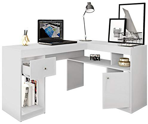 Bureau d'Angle Blanc avec Caisson et Rangements L 137.2 H 75.5 P 111.6 cm