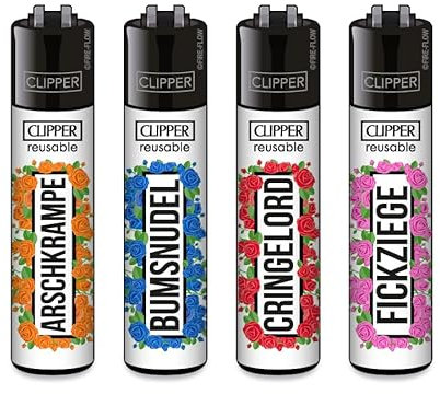 Clipper Feuerzeuge, Set mit 4 Stück, außergewöhnliche Motive (Schimpfwörter #3)