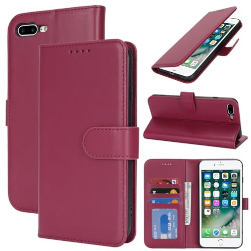 Zouzt Hülle für iPhone 8 Plus / 7 Plus 5,5-Zoll, Stoßfestes PU Leder Handyhülle Lederhülle Klapphülle mit Kartenhalter und Standfunktion Flip Leather Wallet Phone Cover (Rot)