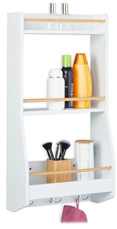 Relaxdays Wandregal, HxBxT: 75 x 38,5 x 17,5 cm, 6 Haken, schmales Schweberegal, Küche & Bad, MDF, Bambus, weiß/natur