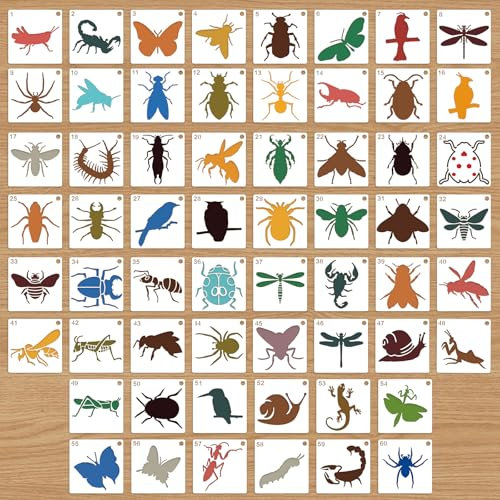 MWOOT 60pcs Insekten Malschablonen Kinder, Schablonen Kinder Schmetterlinge Libellen Vögel Bienen 3in kleine Schablonen, Textilgestaltung Schablonen zum Malen, Schnellen Zeichnen Schablonen Werkzeuge