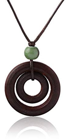 Wooden Double Circle Pendant Ceramic Beads Necklace Ethnic Brown Rope Necklace Clever design