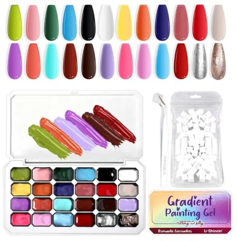 U-Shinein 24 Colors Gradient Painting Gel, With Sponges & Grabber, Set B | 24 Colors Ombre Gel Nail Polish,with 100Pcs Sponges & Metal Grabber, for Ombre Nails Aura Nails, French Manicure DIY Nail Art