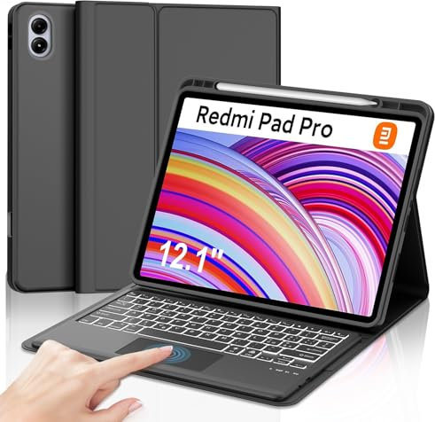 JADEMALL Custodia Tastiera con Trackpad per Redmi Pad Pro 12.1 2024/Xiaomi Poco Pad 12.1, Italiana QWERTY Tastiera Retroilluminata Bluetooth Staccabile con Trackpad per Redmi Pad Pro 12.1, Nero