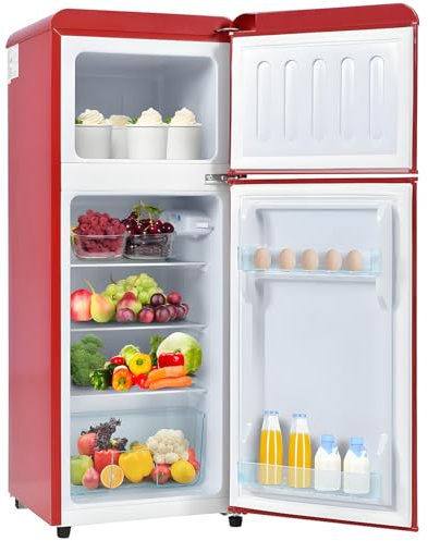 Frigorífico retro: Combinación frigorífico-congelador de dos puertas con 92 litros de volumen total, estantes de cristal, luz LED y un consumo de ahorro energético de 181 kWh/año,Red