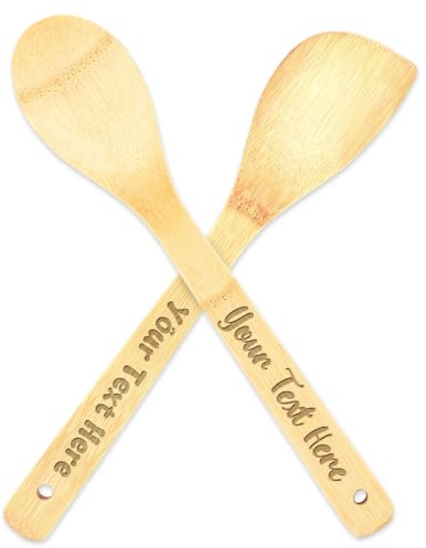 Kochlöffel Personalisiert,Personalisiertes Bambuslöffel-Set, anpassbarer Text,30 cm,Bambus-Rühr,Back-und Kochutensilien,personalisiertes Geschenk mit individuellem Text (Runder Löffel + Schaufel)