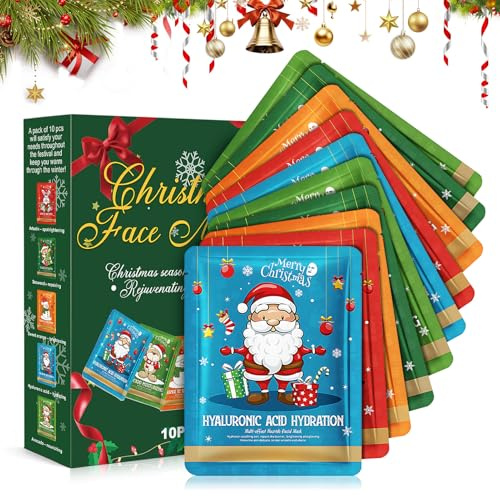 Gesichtsmaske Weihnachten, Tuchmasken Set 10 Stück, Feuchtigkeitsmaske Gesicht, Feuchtigkeitsspendend und Reparierend, Geeignet für Freunde und Familie