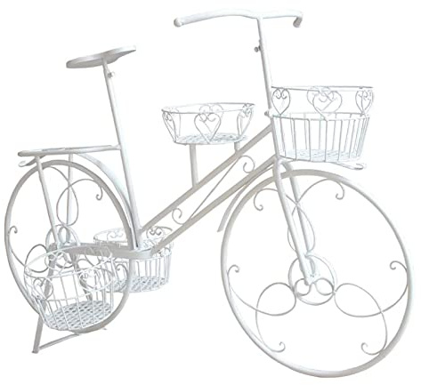 Carrello porta piante in ferro battuto bianco – Supporto per bicicletta a 4 cestini e fioriera espositore per esterni, giardino, patio e terrazza, elegante floreale per la decorazione della casa