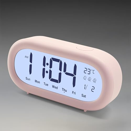 Lafocuse Digital Alarm Clock Bedside Battery Powered, Pink Digital Clocks LCD Display with Snooze Backlight Temperature Date, Easy to Use for Bedroom Office Desk Travel