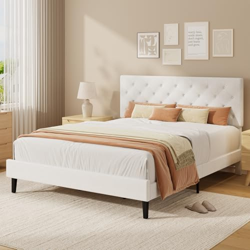HOMBCK Double Bed Frame, 135 x 190 cm, with Adjustable Upholstered Headboard, Heavy Duty 256kg Weight Capacity, Easy Assembly, No Box Spring Needed, White