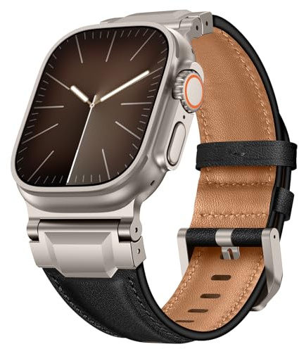 Leather strap Compatible With Apple Watch Ultra strap 49mm 46mm 45mm 44mm Genuine Leather Rugged Metal Connector for Ultra 3 2 1,Series 11 10 9 8 7 6 5 4 SE3 SE straps