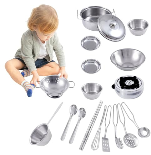Edelstahl Kinderküche Spielzeug Miniatur Kochgeschirr Spielset Küche Rollenspiel für Kinder 18-teiliges Kochset
