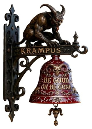 Krampus-Türklingel – Ihr Feiertagswächter, Vintage-Krampus-Türklingel aus Kunstharz zur Wandmontage mit Dämonenfigur und roter Totenkopfglocke, gotische Feiertagsdekoration für Haustüren (1PCS)