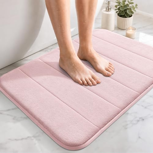 Yimobra Memory Foam Bath Mat 43 x 61 cm, Non Slip Bathroom Mat, Soft Absorbent Quick Dry Bath Rug, Machine Washable for Shower, Sink and Bathroom, Pink