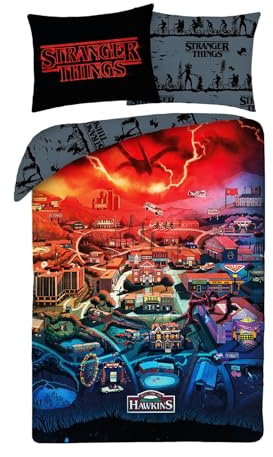Halantex Stranger Bettwäsche-Set – Hawkins – wendbarer Bettbezug 140 x 200 cm + ein Kissenbezug 70 x 90 cm – 100 % Polyester von ausgezeichneter Qualität – mehrfarbig