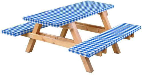 Xdyyjrasa Nappe de Camping imperméable de 6 Pieds avec Support en Flanelle élastique 3 pièces/Ensemble - Housse Table Pique-Nique à Carreaux Bleu/Blanc avec Housses Banc pour intérieur et extérieur
