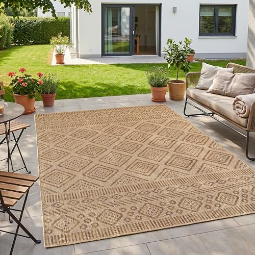 HomebyHome Outdoor Teppich Beige Jute Optik 160x220 cm Balkon Terrasse Garten Wetterfest UV-beständig Groß Rauten Design Flachgewebe Pflegeleicht Robust Modern