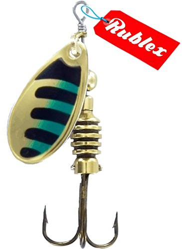 Rublex - Pack de 5 Cucharillas de Pesca Celta-2 ONV | Cebo Artificial de Pesca con Sistema Quita-Vueltas y Anzuelo Fácilmente Intercambiable, Color Oro Negro Verde, 3'5gr