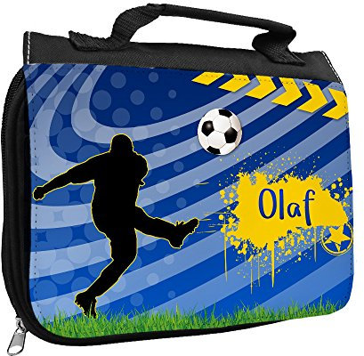 Kulturbeutel mit Namen Olaf und Fußball-Motiv für Jungen | Kulturtasche mit Vornamen | Waschtasche für Kinder