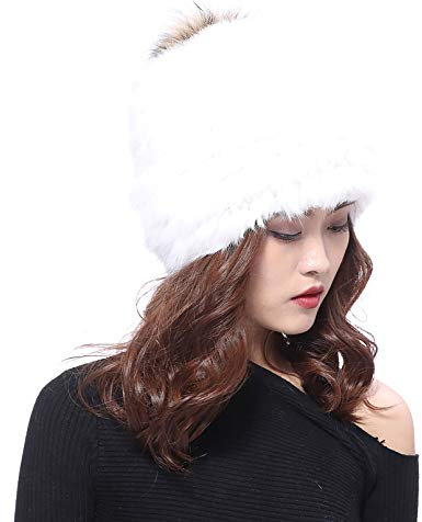 Damen Baskenmütze echte Fuchs Fell Strickmütze schöne Winter Mütze Beanie Bommelmütze - weiß