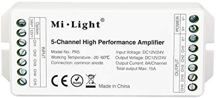 LIGHTEU®, Miboxer Milight PA5 Amplificateur haute performance 5 canaux DC12V-24V Max 15A RGB RGBW RGBCCT Contrôleur d'amplificateur LED pour bandes LED RGB RGBW RGBCCT