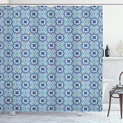 ABAKUHAUS Orientalisch Duschvorhang, Diagonal Klassische Linien, Stoffliches Gewebe Badezimmerdekorationsset mit Haken, 175 x 220 cm, Blau Orange Weiß