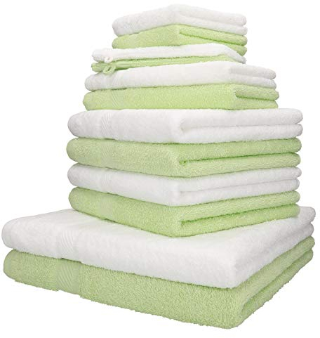Betz 12-TLG. Handtuch-Set Palermo 100% Baumwolle 2 Liegetücher 4 Handtücher 2 Gästetücher 2 Seiftücher 2 Waschhandschuhe Farbe grün und weiß
