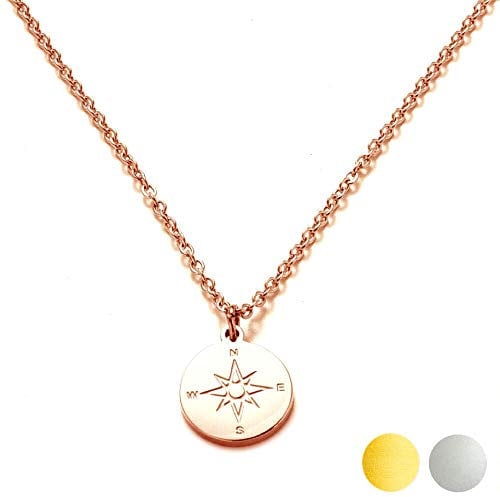Kim Johanson Edelstahl Damen Halskette *Kompass* in Silber, Gold & Roségold mit einem Anhänger Travel Boho Schmuck Multilayer Kette verstellbar inkl. Schmuckbeutel (Roségold)