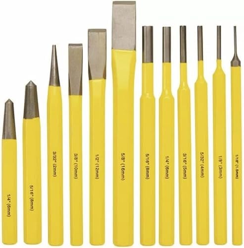 Topolenashop Scalpelli Cacciachiodi Bulini e Cacciaspine per Meccanico, Set da 12 Pezzi - Acciaio al Carbonio, Dritto, Legno, CHISel, Kit di Attrezzi