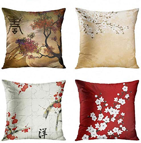 ArtSocket Lot de 4 housses de coussin décoratives carrées Motif arbre zen japonais Nature orientale Fleurs de cerisier Beige crème 40,6 x 40,6 cm