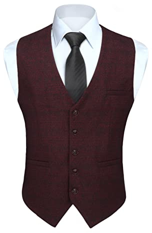 HISDERN Herren Karierte Weste formale klassische Weste Baumwolle Hochzeit Hahnentritt Anzug Westen Burgund XL