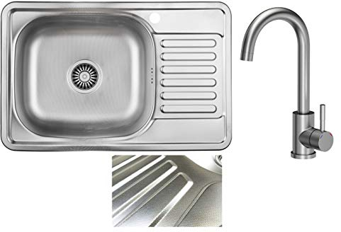 VBChome Einbauspüle mit Armatur 66x42 Leinenstruktur Edelstahl Küchenspüle Spüle Ablagefläche Abtropffläche Rechts eckiges Camping Ablaufgarnitur Siphon Wasserhahn Inox Edelstahl