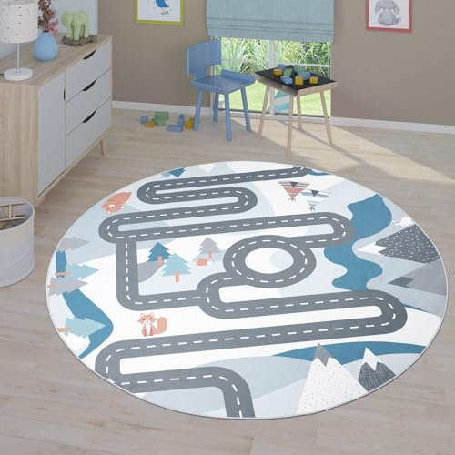 TT Home Kinderzimmerteppich Teppich Junge Mädchen Kinderteppich Baby rutschfest Straße, Farbe: Creme, Größe:200 cm Rund