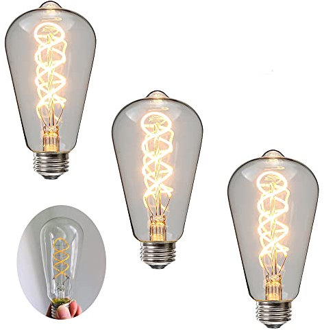 Ruihua 3 Packungen E27 4W Klarglas Doppelt Spiralförmige Flexible Glühbirne ST64 Vintage LED Glühlampe(40W Äquivalent) Warmweiß 2700K 400LM Nicht Dimmbare Retro Edison LED Energiesparlampe